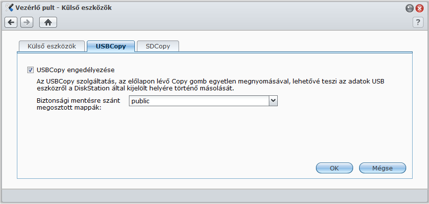 USBCopy használata USB eszközön lévő adatok biztonsági mentéséhez A Másolás gomb használatával adatokat másolhat egy USB-eszközről a Synology DiskStation megosztott mappájába.