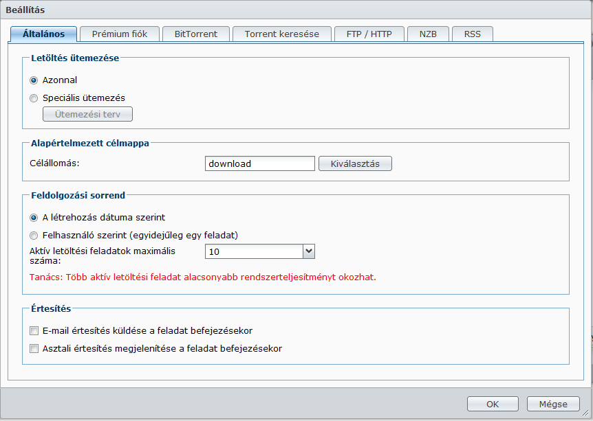 Általános Itt állíthatja be a letöltés ütemezését, megadhatja a letöltés célmappáját, beállíthatja a műveletek