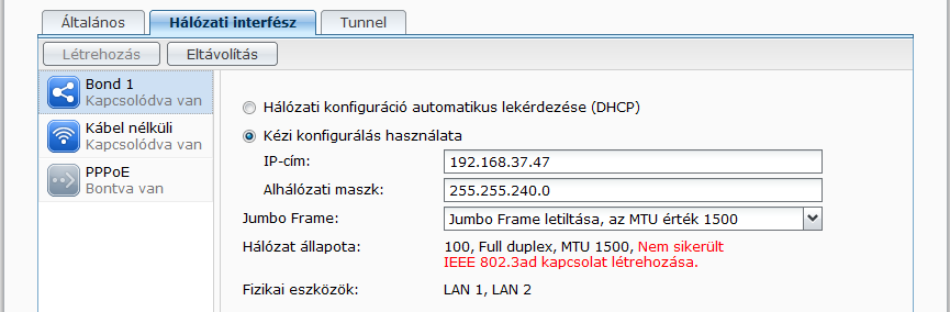 Bond A több LAN porttal felszerelt DiskStationök esetén több LAN interfészt kombinálhat a Köteg [szám] interfészbe a Link Aggregation funkció segítségével 1.