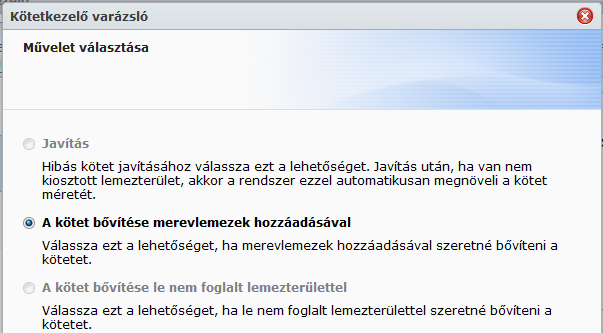 Kötet vagy lemezcsoport bővítése lemezek hozzáadásával Ha van még üres merevlemez-rekesz a Synology Diskstationben, akkor a JBOD, RAID 5, RAID 5+Tartalék, RAID 6 és SHR köteteket, illetve