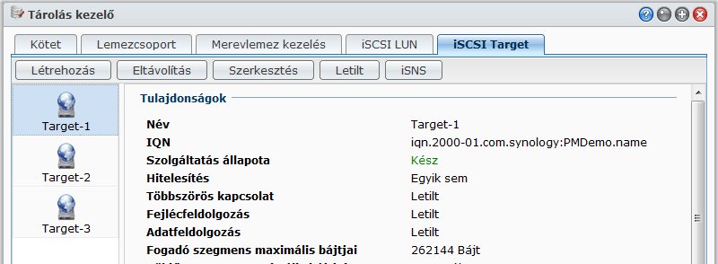 iscsi Target kezelése a Tároláskezelő segítségével Menjen a Főmenü > Tároláskezelő pontra, majd a Synology DiskStation iscsi Targetjeinek kezeléséhez kattintson az iscsi Target fülre.