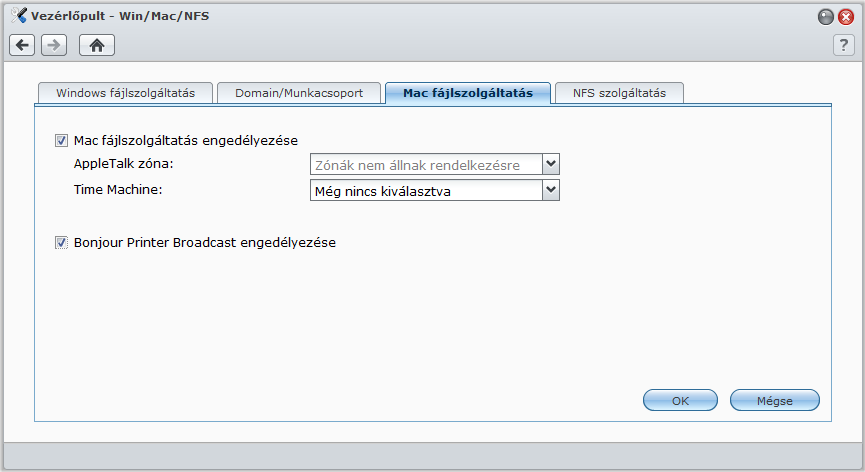 Mac fájlszolgáltatás kezelése Kattintson a Mac fájlszolgáltatás fülre a Főmenü > Vezérlőpult > Win/Mac/NFS oldalon, ha engedélyezni szeretné, hogy a Synology DiskStation Mac fájlkiszolgáló (AFP