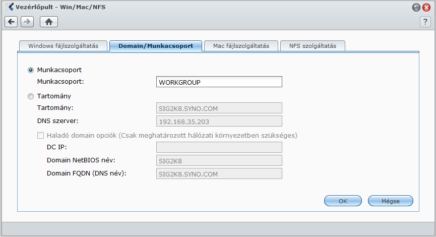 Csatlakozás Windows ADS domainhez vagy munkacsoporthoz Synology DiskStation használati utasítás Kattintson a Domain/Munkacsoport fülre a Főmenü > Vezérlőpult > Win/Mac/NFS oldalon, ha a hálózati