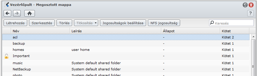 Megosztott mappák beállítása Menjen a Főmenü > Vezérlőpult > Megosztott mappa menüpontra a megosztott mappák kezeléséhez, amik a Synology DiskStation gyökérmappái.