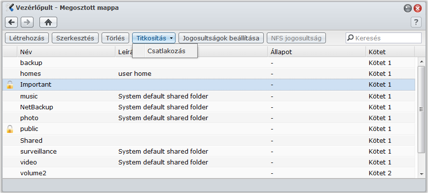 Titkosított mappa szerkesztése Synology DiskStation használati utasítás A mappa titkosítása után használhatja a Titkosítás legördülő menüt a mappa szerkesztéséhez.