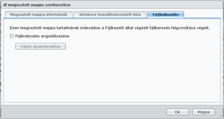 Megosztott mappa tartalmának indexelése Synology DiskStation használati utasítás A megosztott mappák tartalma a Fájlböngésző által végzett fájlkeresés felgyorsítása végett indexelhető.