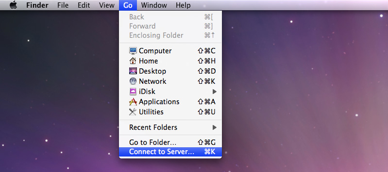 Megosztott mappák elérése Mac-ből 1 Válassza a Menjen > Csatlakozés kiszolgálóhoz lehetőséget a menüsoron.