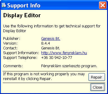 A support information feliratra kattintva a program forgalmazójának elérhetőségeit jeleníti meg a számítógép.