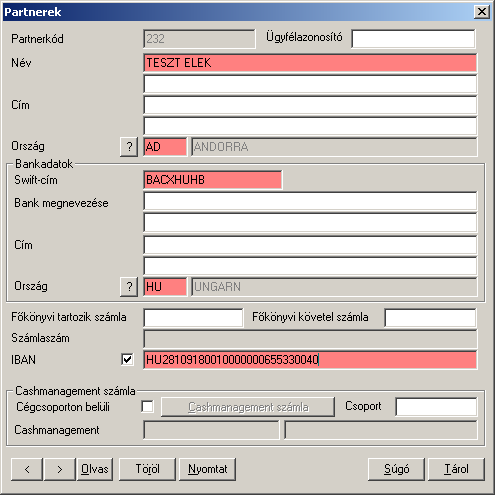 MultiCash - HUA modul használata esetén: A PARTNER számlaszám mezőt kérjük hagyják üresen, az IBAN bejelölése után írják be az IBAN