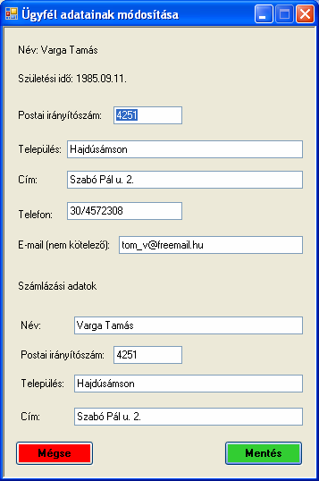 13. ábra A kiválasztott személy adatai közül értelemszerően nem módosítható a név és a születési dátum.