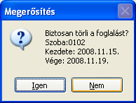 16. ábra Az érkezés és távozás idıpontjának módosítása esetén a program ellenırzi az adatbázisban, hogy a megadott napok között nem foglalt-e a szoba. Ütközés esetén értesíti a felhasználót.