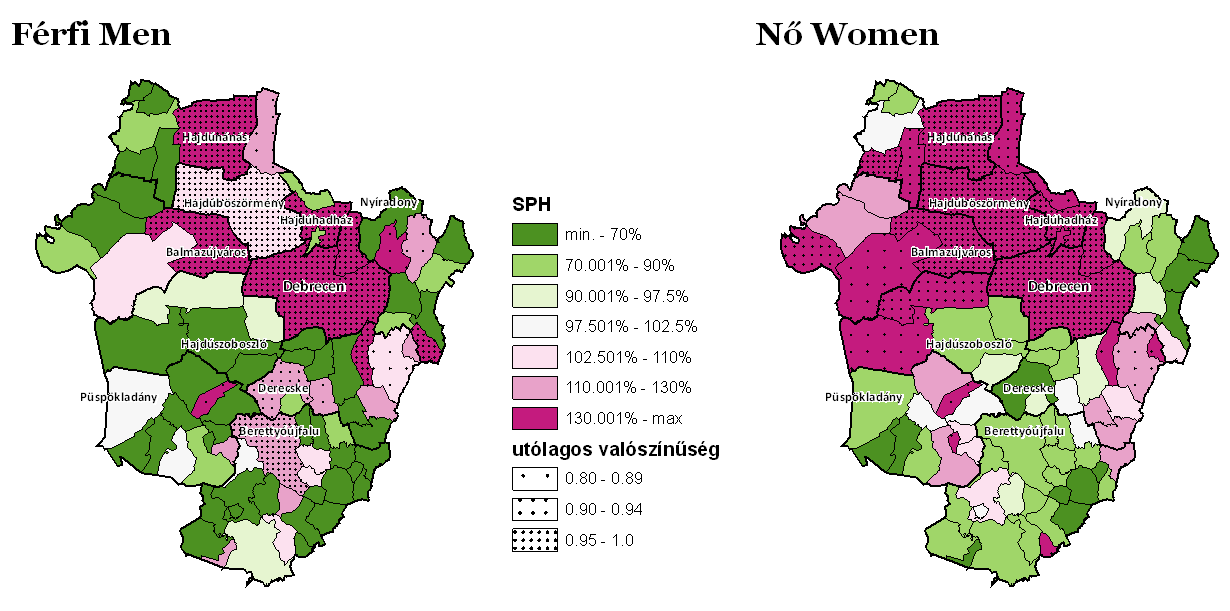 A cukorbetegség az ötödik leggyakoribb betegségcsoport a megyében, a háziorvosi jelentések alapján. A megye északi területein mindkét nemben halmozottan fordul elő (6. ábra).