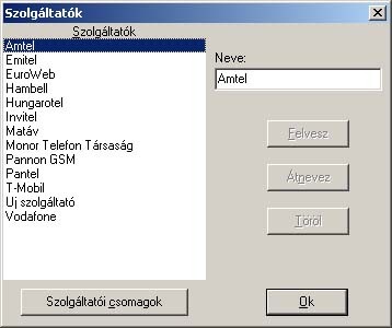 Tarifa adatok karbantartása Szolgáltatók A program tartalmazza a legelterjedtebb szolgáltatókat illetve szolgáltatói csomagokat. Szükség lehet azonban új szolgáltatók vagy csomagok felvételére is.