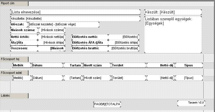 Nyomtatványok szerkesztése Nyomtatványban használt változók Részletes listákon Riport adatai [Lista elnevezése] [Készítette] [Készült] [Egységek] [Időszak kezdete] [Időszak vége] [Napi időszak