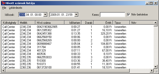 Egyéb statisztikai lekérdezések Hívott számok Ebben az ablakban, a kigyűjtött időszakban hívott számokat látjuk. A program összegzi a számokra történt hívások darabszámát és összegét.
