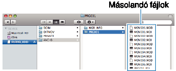 Másolás Másolás Mac számítógépre Másolja a fájlokat Mac számítógépre a következő módszer segítségével meg a(z) UP/< vagy DOWN/> gombot 5 Kattintson a(z) JVCCAM_MEM vagy JVCCAM_SD ikonra az asztalon 0