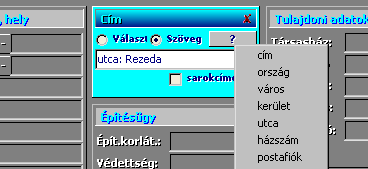 Ez a párbeszéddoboz a földrészlet címeinek megjelenítésén túl lehetővé teszi új sarokcímek felvételét is, továbbá evvel a párbeszéddobozzal állítható be az is, hogy - több cím esetén - melyik cím a