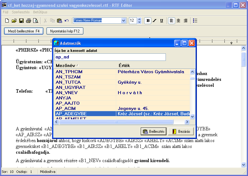 17. ábra: Adatmező beszúrása az iratmintába, Microsoft Word 2000 szövegszerkesztővel 18.