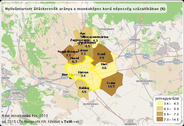 17. sz ábra: Nyilvántartott álláskeresők aránya a munkaképes korú népesség százalékában (%) Forrás: TEIR A Hatvani járás települései közt Hatvan rendelkezik a