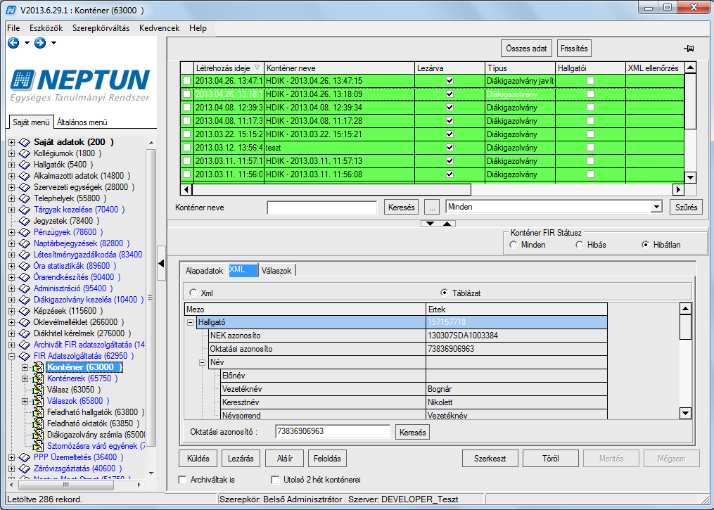 Konténer Xml táblázattal Kiadás: 2013.