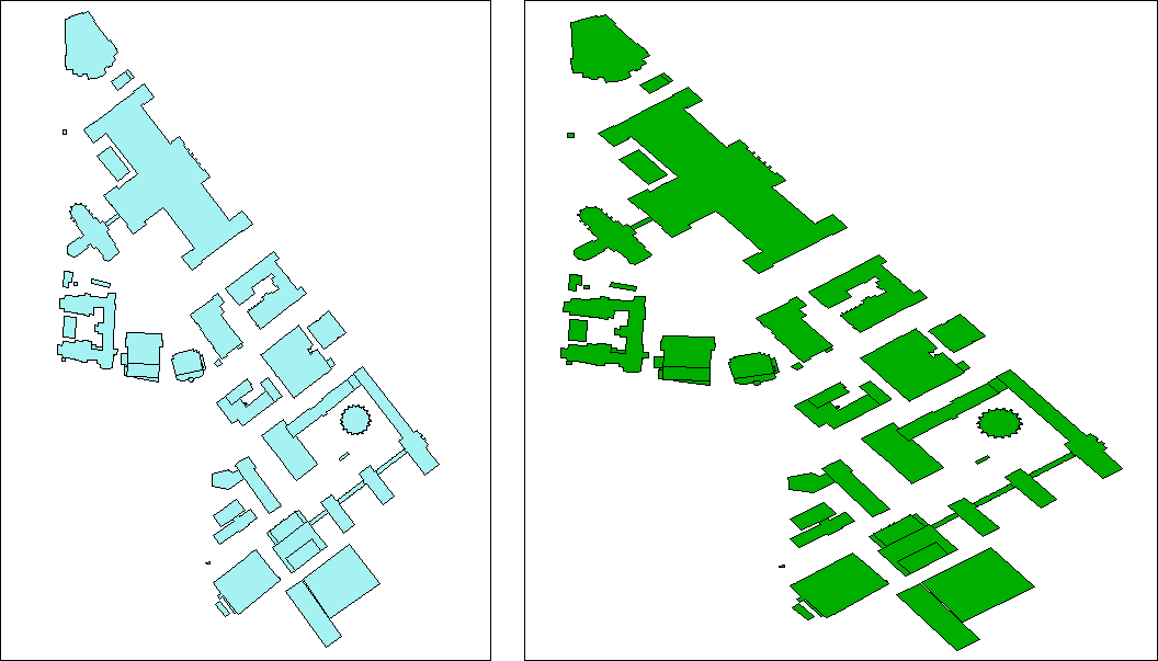 4.6. ábra: Az egyetem épületeinek poligonjai EOV szerint és WGS84-be transzformálva (QGIS ábrák) Természetesen az internetes programrendszerhez az ESRI Shape formátum nem megfelelő, hiszen ahhoz,