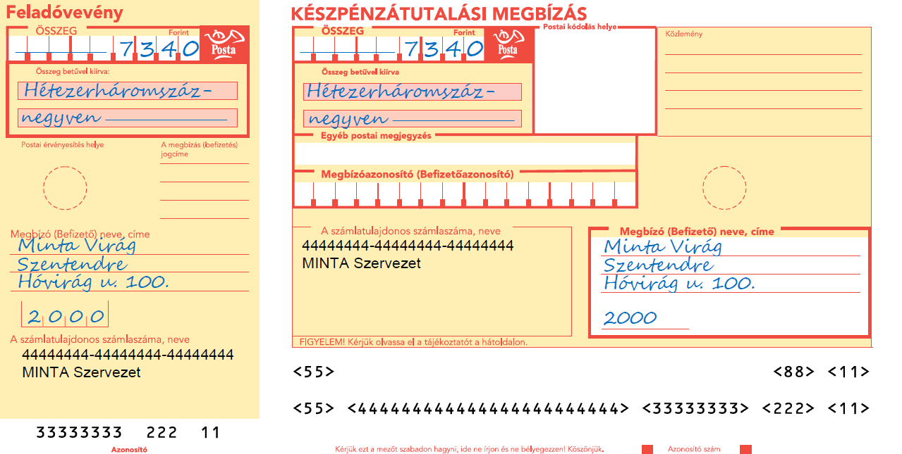 1. számú minta - Kézi kitöltésű M (mentes) jelzéssel ellátott