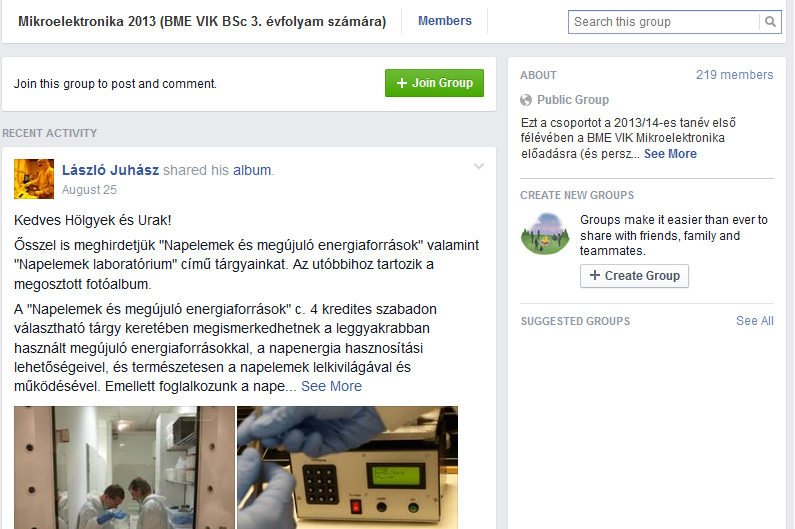 7. ábra: A Mikroelektronika tantárgy hivatalos Facebook csoportja, forrás: www.facebook.com/groups/bme.vik.mikroel.