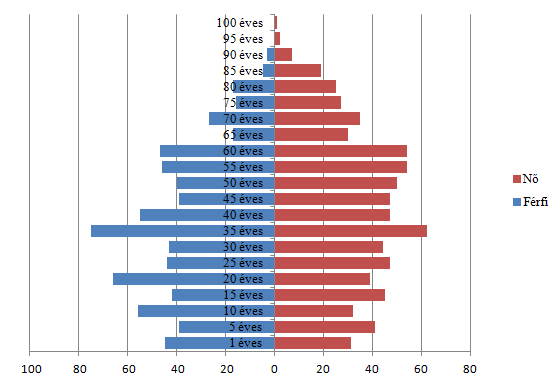 2. ábra: Az állandó lakosság korcsoportos megoszlása nemek szerint Fegyverneken 2010-ben Forrás: KSH fő A 2010-es évre készített korfából látszik az elöregedés problémája, illetve az, hogy a fiatalok