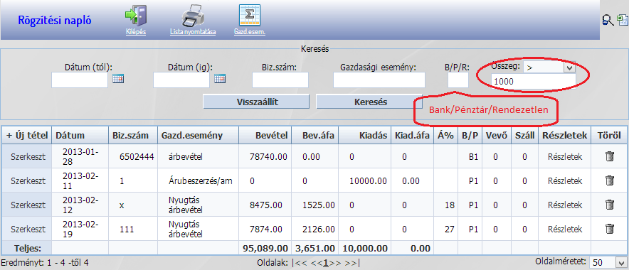 A könyvelési bizonylaton szereplő bruttó összeg beírása, és az áfa kulcs megadása után a program kiszámolja a nettó illetve az áfa összeget.