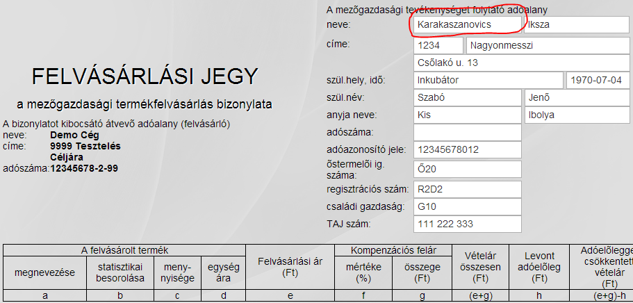 Mezőgazdasági termények A termények kezeléséhez kevesebb adatra van szükségünk, mint pl. a készletgazdálkodás esetén. Különösen figyeljünk a Kompenzációs felár megadására.