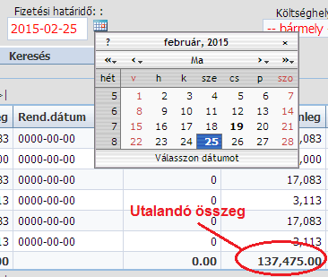 123. ábra - Beérkező számlák A fizetési határidő dátumát beállítva meg tudjuk határozni, hogy az adott napon milyen utalandó számláink vannak, és azoknak mennyi az összege. (124. ábra) 124.