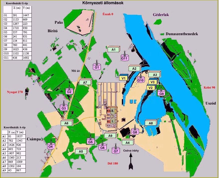 4 1.1.a ábra Az atomerőmű környezeti elhelyezkedése az üzemi monitorozó hálózattal. Figure 1.1.a The environment of the NPP Paks with the monitoring system of the Plant (I, II: buildings of reactor units; A, G: on-line monitoring stations; V: water sampling sites) 1.