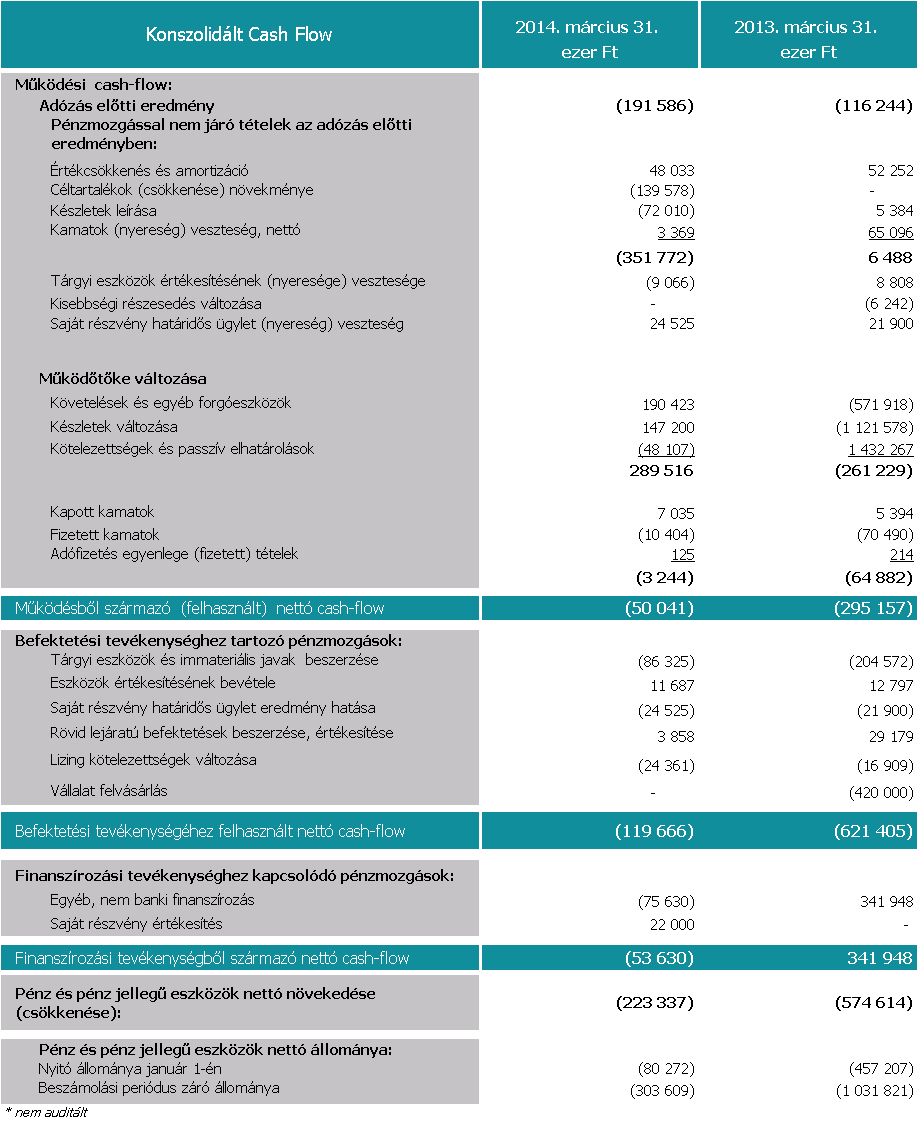 SYNERGON Csoport Cash-flow A társaság nettó pénzeszköz állománya 2014. március 31-én 304 millió forint hitel tartozás volt.