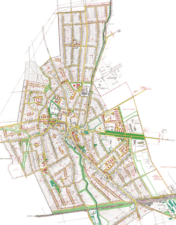 115 Az 1971-es összevont rendezési terv (Győri Tervező Iroda) A terv a kapuvári ipartelepítés beindulása után készült és hatalmas további ipari területet jelölt ki, viszont a lakóterület-fejlesztést