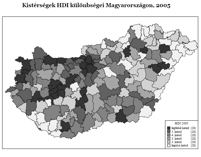19. ábra: Kistérségek HDI különbségei Magyarországon Forrás: Csite és Németh [2007] 20-21. o. A HDI összetevői közül iskolázottságban a legkisebb az egyenlőtlenség, a termelékenységben a legnagyobb.