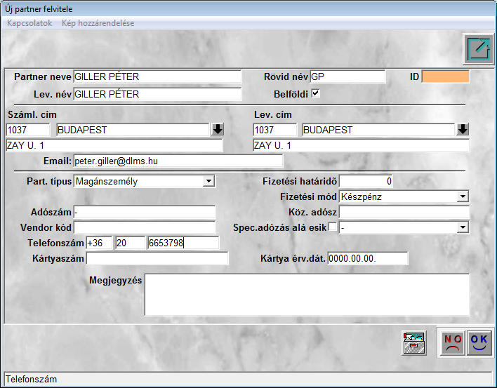 32. ábra Az Új partner felvitele ablakot a következő módon kell kitölteni (33. ábra). 33.