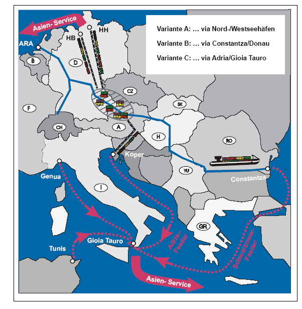 A: Északi-tenger B: Constanta/Duna C: Adria/Gioia Tauro 2-15. ábra: Közép-Európa és Ázsia közötti áruszállítási útvonal-alternatívák az Európán belüli szakaszon 17 2-19.