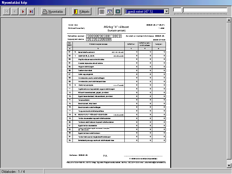 Mind az A, mind a B típusú mérleg számíttatható a program segítségével, és a nyomdai formátumnak megfelelően kinyomtathatók az adatok.