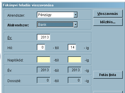 1.1.8 Feladás vissza Elérés: Főkönyv modul -> Bizonylatrögzítés főmenü -> Feladás vissza Az alrendszerekből a főkönyvi modulnak feladott dossziékat ezen a menüponton vissza lehet vonni.