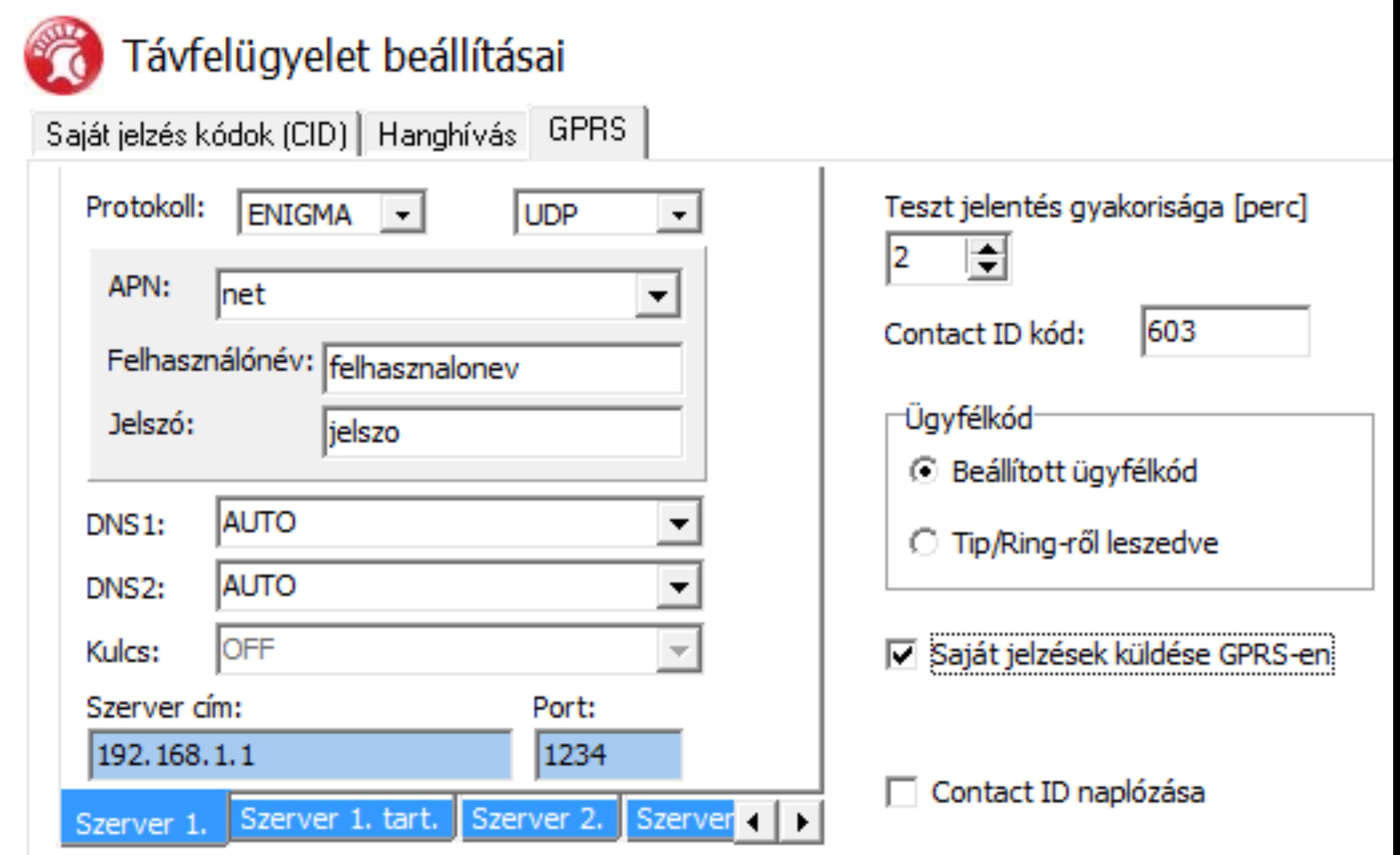 GPRS beállításai Ezen a lapon beállítható, hogy milyen protokollal történjen az információ továbbítása.