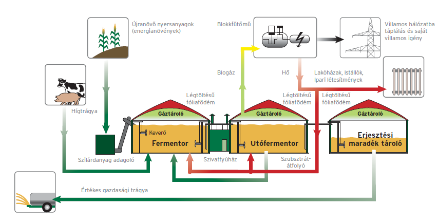A mezőgazdasági üzemhez köthető biogáz üzem általános sémája Általános jellemzők: Alapanyag valamilyen trágya és valami termesztett növény legtöbbször silókukorica, újabban sok szó esik a