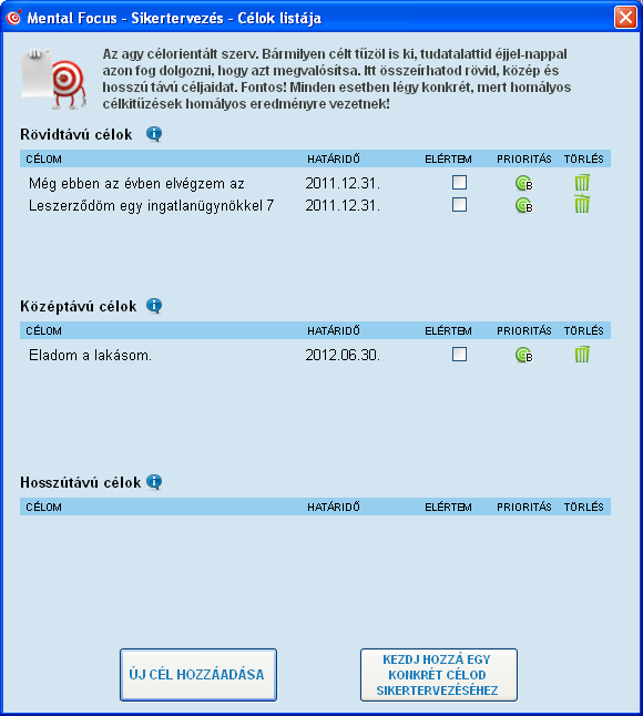 Célok listája Döntsd el, mi a legfőbb kézzelfogható célod az életben, és minden tevékenységedet e köré szervezd. Brian Tracy Az agy célorientált szerv.