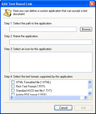 Szkennelés 2. Ha másik alkalmazást szeretne hozzáadni a listához, akkor kattintson a alkalmazás hozzáadása (Add Application) gombra. Az Add Text Based Link párbeszéd doboz jelenik meg. 3.