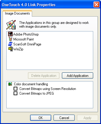 Egyérintéses gombok konfigurálása Kép dokumentumok tulajdonságai Ezek a tulajdonságok a berendezéssel kapott ScanSoft OmniPage Pro 12 programhoz, plusz a Microsoft Paint és más képfeldolgozó