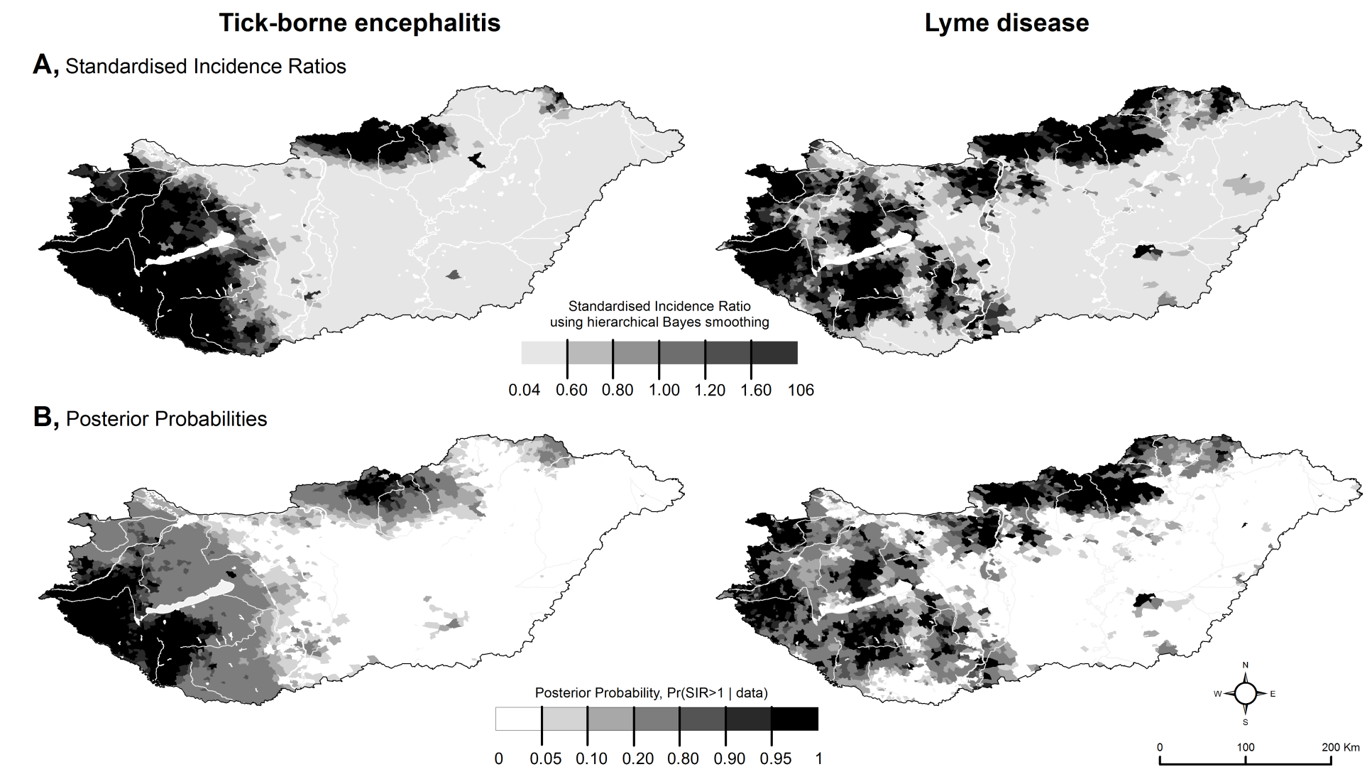 Kullancsencefalitisz Standardizált incidencia hányadosok Lyme-borreliózis Hierarchikus Bayes-becsléssel simított standardizált incidencia hányadosok Utólagos valószínűségek Utólagos valószínűség,