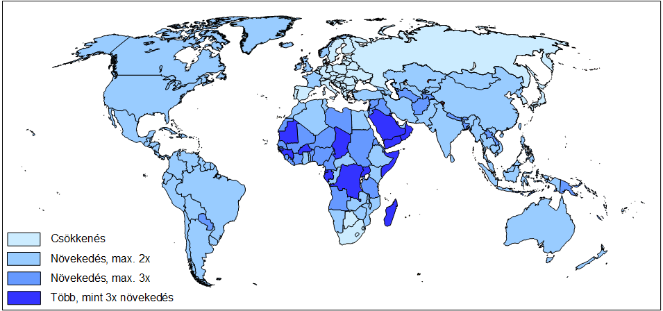 A fejlődő világhoz tartozó országok Dél-Ázsiától Afrikán át Latin-Amerika trópusiszubtrópusi övezetéig elhelyezkedő többsége a középső indusztriális fázis népesedési jellemzőit tükrözi: a viszonylag