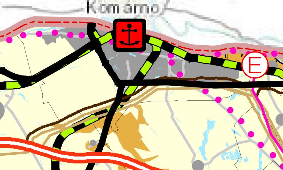 Megalapozó vizsgálat 17/101 13. ábra: Az Ország Szerkezeti Terve az OTrT 2013-as változatában. 15. ábra: Komárom az Országos ökológiai hálózat tervben.