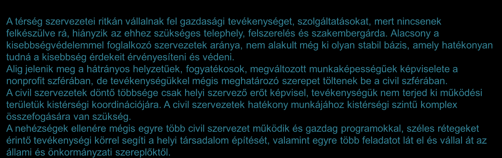 A térség jelentősebb non-profit szervezeteinek jellemzése 2/2 A térség szervezetei ritkán vállalnak fel gazdasági tevékenységet, szolgáltatásokat, mert nincsenek felkészülve rá, hiányzik az ehhez