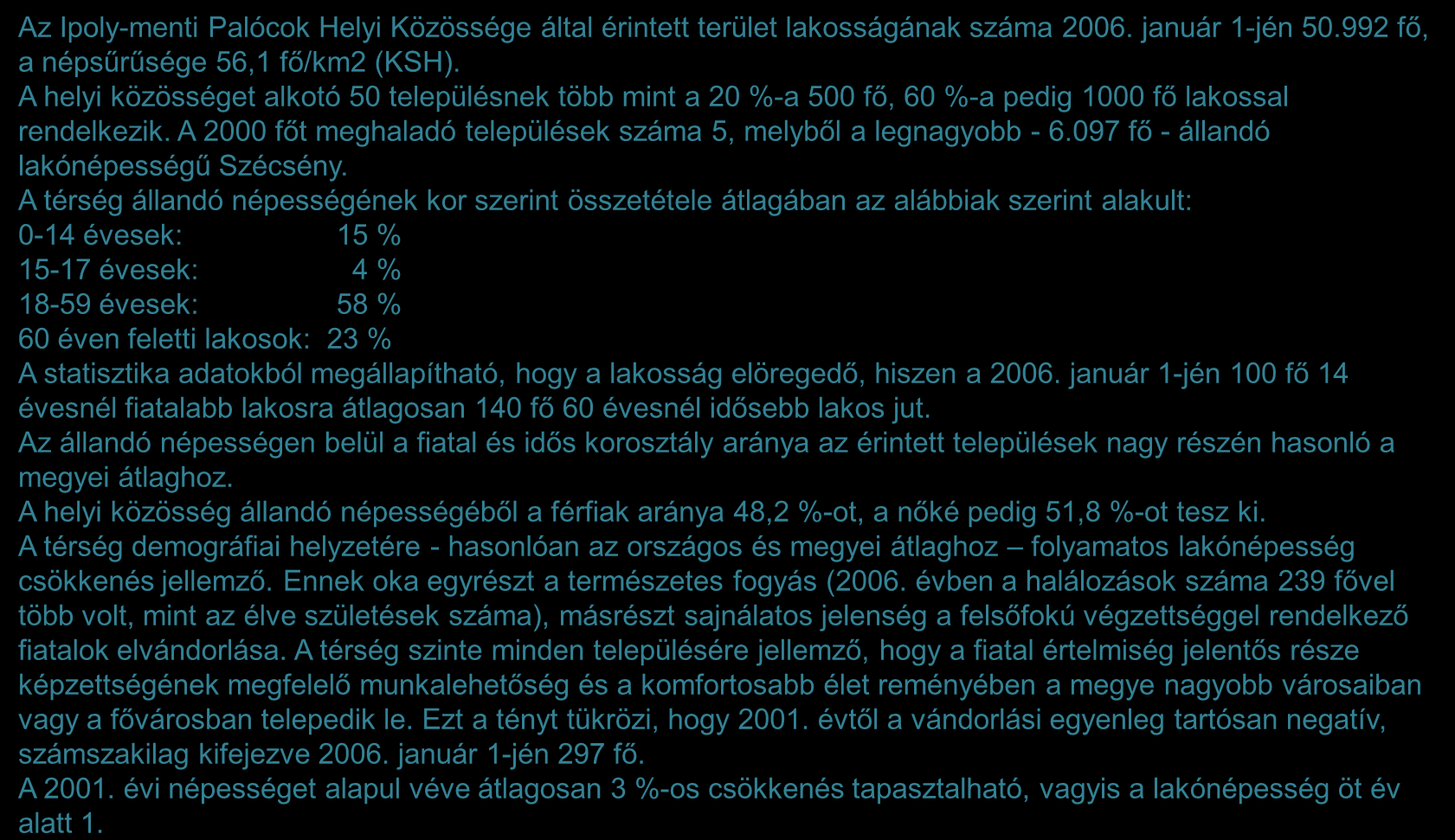 A térség demográfiai helyzete 1/2 Az Ipoly-menti Palócok Helyi Közössége által érintett terület lakosságának száma 2006. január 1-jén 50.992 fő, a népsűrűsége 56,1 fő/km2 (KSH).