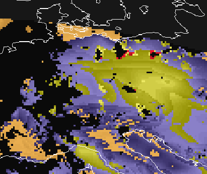 (derült területeken LI /lifted index/, a borult területeken IR kép); 1.